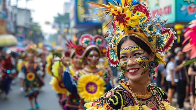 A young woman in a colorful headdress and traditional dress smiles during a festival