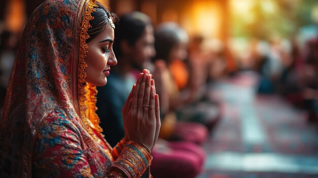 Photo a young woman in a colorful headscarf prays with her hands clasped together surrounded by other people in a temple