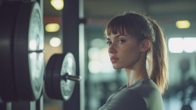 Photo young woman confidently poses in a gym near weightlifting equipment during a training session in the afternoon light