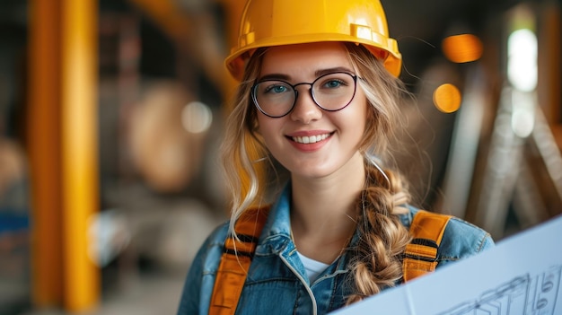 Young woman construction worker wear safety helmet in construction site