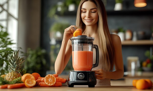 Photo young woman cooking healthy food