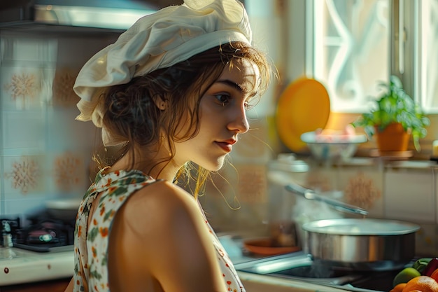 Young woman cooking in the kitchen she is wearing a white hat and apron