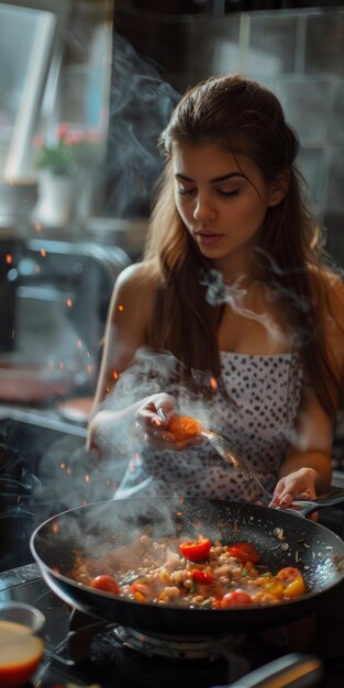 Photo young woman cooking in the kitchen