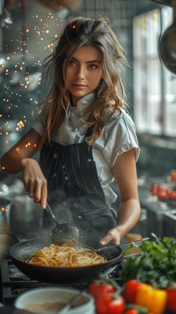 Photo a young woman cooking pasta in a rustic kitchen