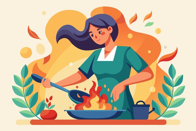 Photo young woman cooking with a frying pan over a fire