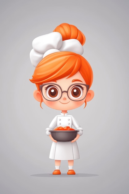 Photo a young woman cooks in a cute casual cartoon style against a gray backdrop exuding a fun