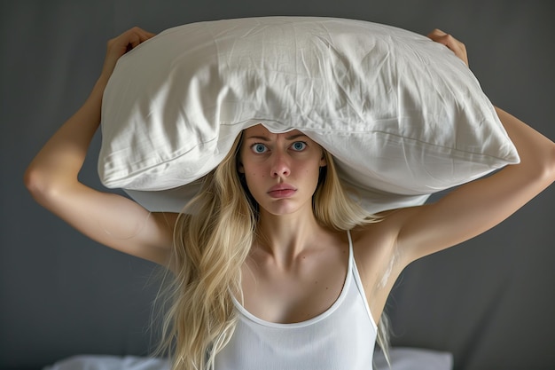 Young woman covering ears with pillow because of noise