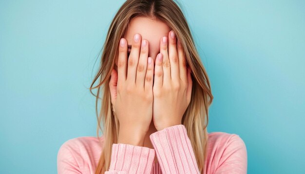 Photo a young woman covering her eyes with palms