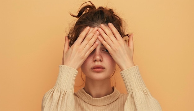 Photo a young woman covering her eyes with palms