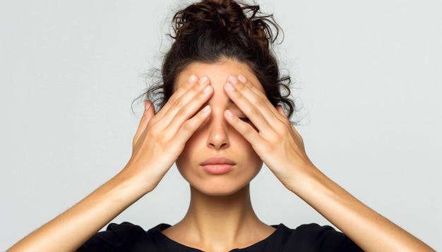 Photo a young woman covering her eyes with palms