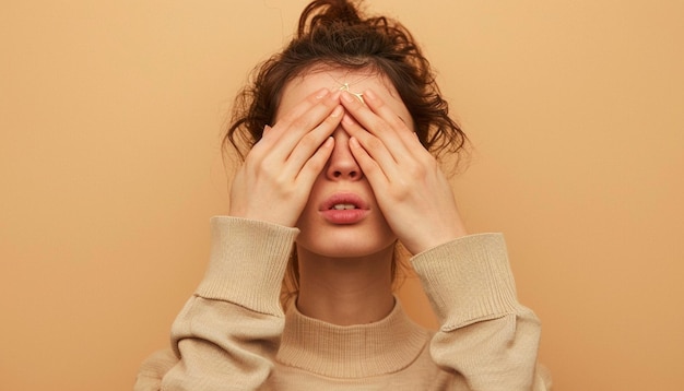 Photo a young woman covering her eyes with palms