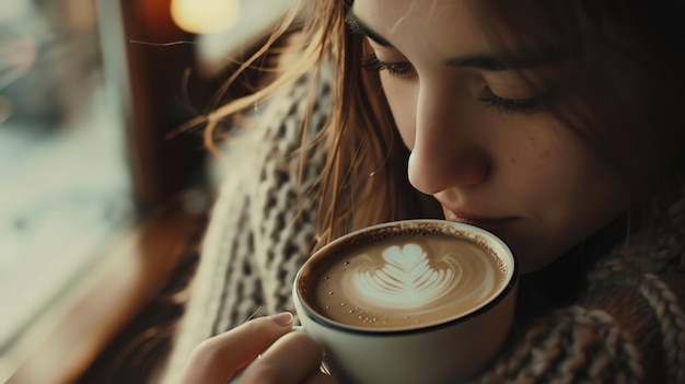 A young woman in a cozy sweater enjoys a cup of coffee with latte art