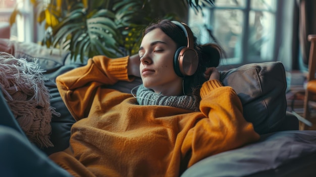 Photo a young woman in a cozy sweater lounges on a couch with headphones lost in her music amidst a relaxed and homey atmosphere