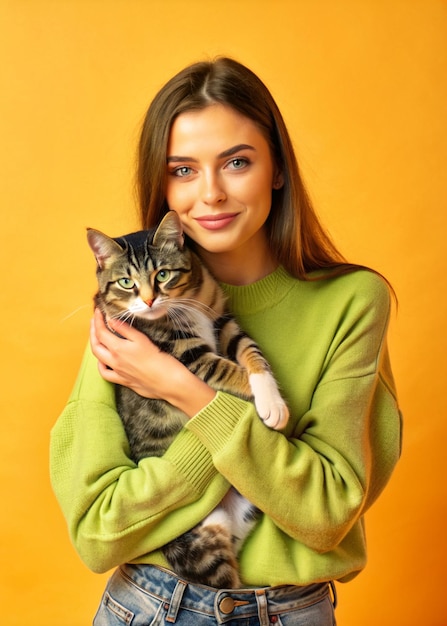 A young woman cradled her adorable cat in her arms showering it with affection and love