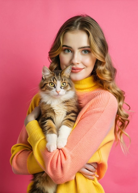 A young woman cradled her adorable cat in her arms showering it with affection and love