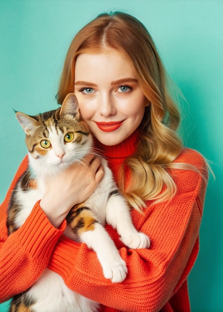 A young woman cradled her adorable cat in her arms showering it with affection and love