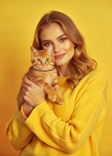 A young woman cradled her adorable cat in her arms showering it with affection and love