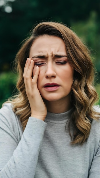 Young woman crying outdoors