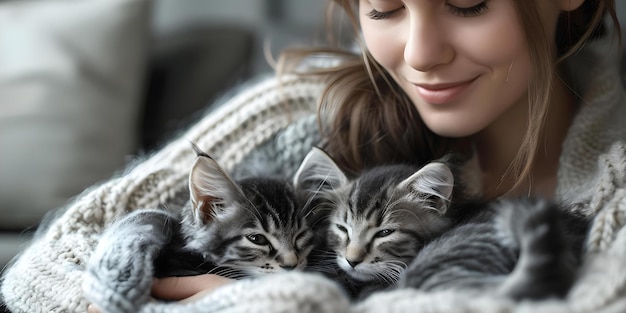 Photo young woman cuddling two cats in a modern room while practicing social distancing during coronavirus quarantine concept indoor photoshoot pet portraits social distancing lifestyle