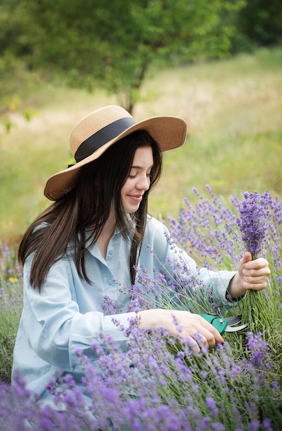 Young woman cutting bunches of lavender