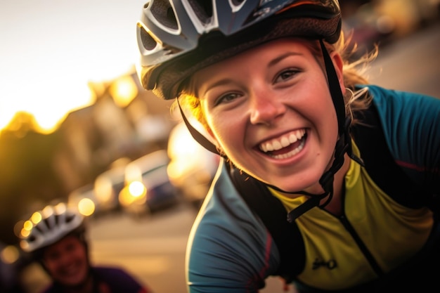 A young woman cyclist with a close up shot of her smiling face as she rides Generative AI