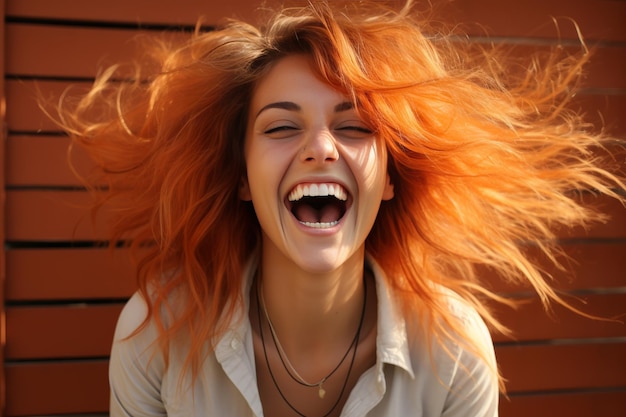 Young woman dancing joyfully with vibrant purple hair against peachcolored wall