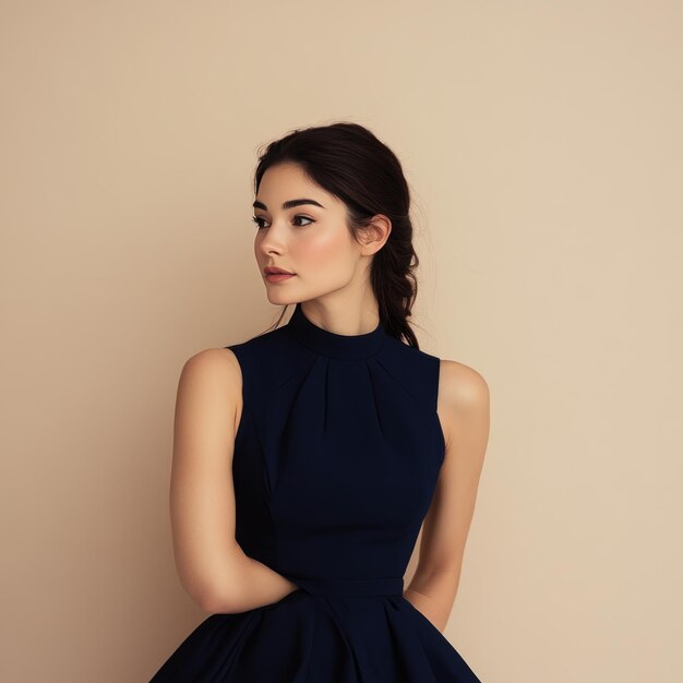 Photo young woman in a dark blue dress looking to the side