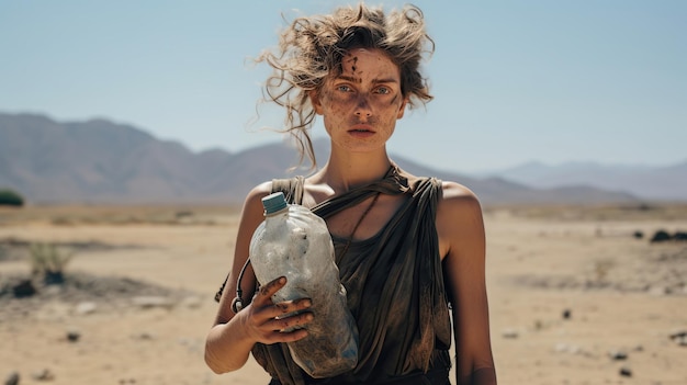 Young woman in the desert holding a plastic bottle sustainability