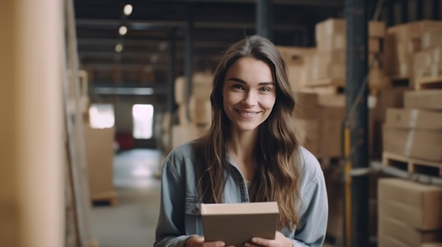 Young woman designer reading book while sitting at the workshop Illustration AI Generative