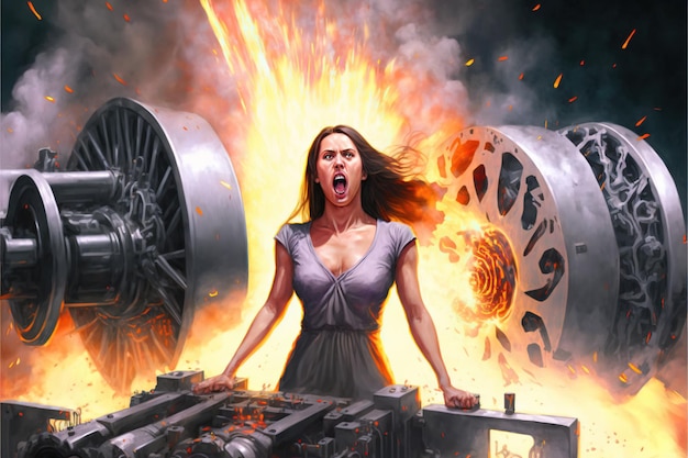 Young woman destroying by futuristic machine digital art style illustration painting fantasy concept of a woman vs futuristic machine