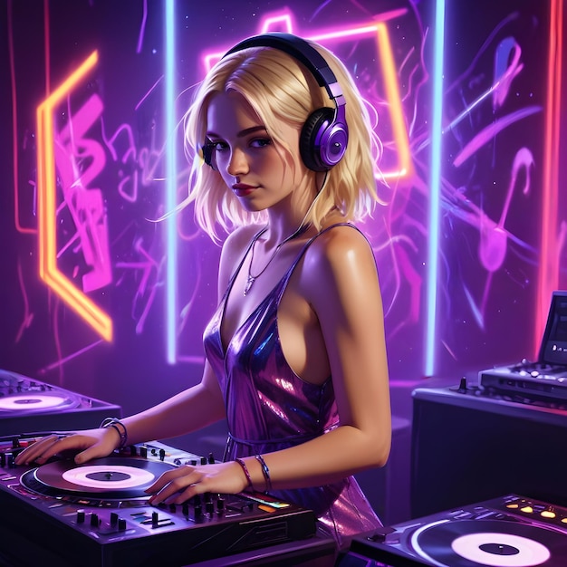 A young woman DJ standing in front of a turn table and sound mixer with colorful light background