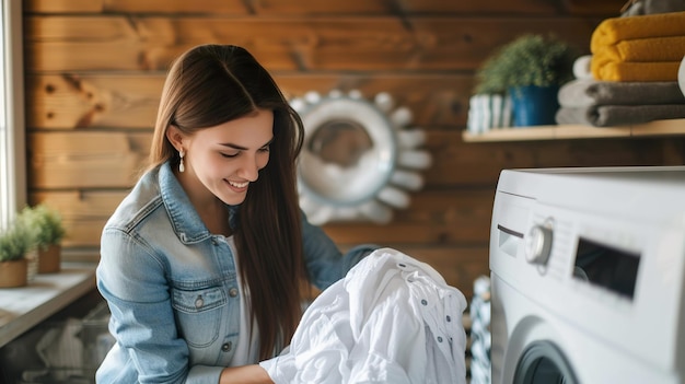 Young woman doing laundry in modern home laundry room