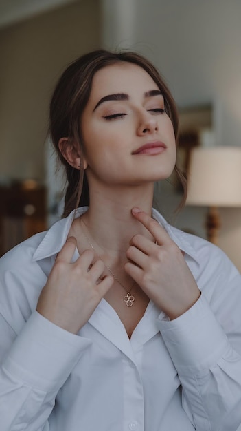 Photo young woman doing thyroid self examination indoors