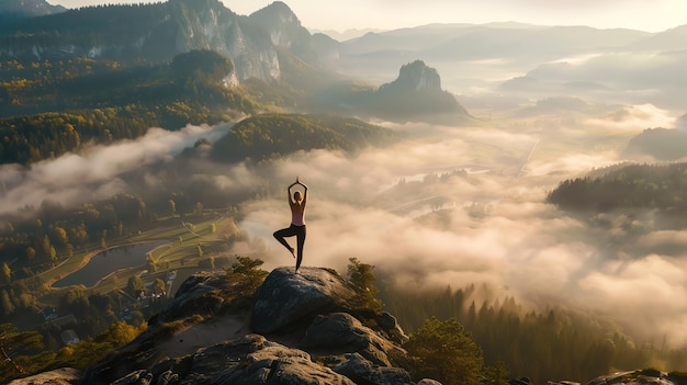 Photo young woman doing yoga on a mountaintop at sunrise she is standing in a tree pose with her arms outstretched to the sides and her eyes closed