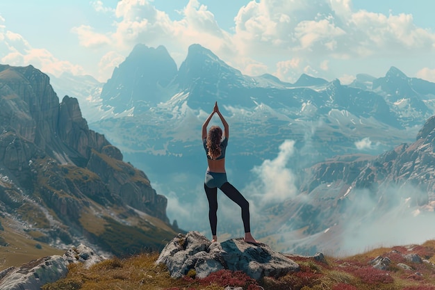 Photo young woman doing yoga outdoors with mountain background