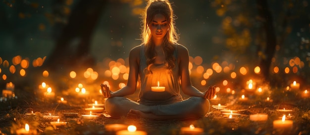 A young woman doing a yoga with candles