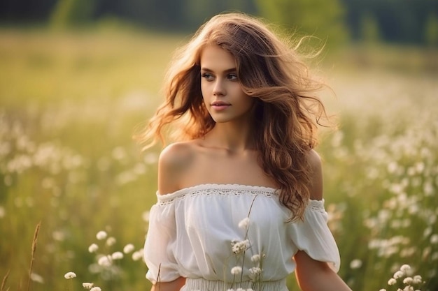 Young woman in dress possing at summer background