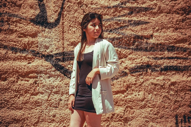 Young woman in dress possing at summer background