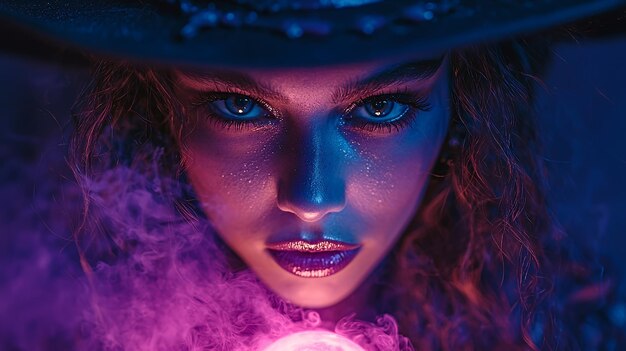 A young woman dressed as a witch stares intensely at the camera her face illuminated by colorful lighting and surrounded by wisps of purple smoke