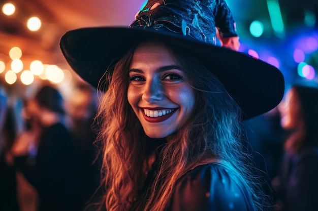 Photo a young woman dressed up as a witch at a halloween party