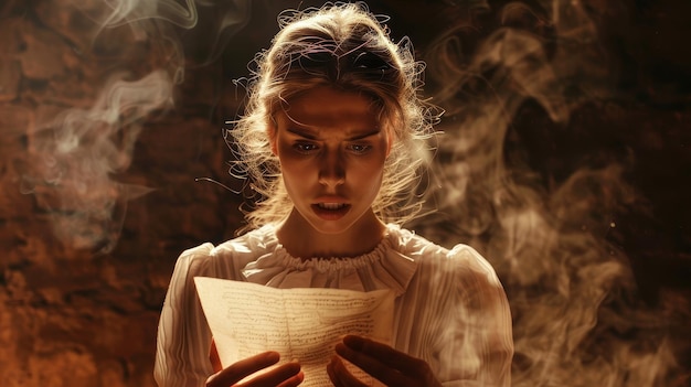 A young woman dressed in white gazes with shock and fear at a letter in her hands surrounded by s