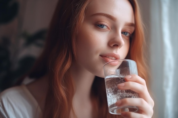 A young woman drinking water from a glass generative AI