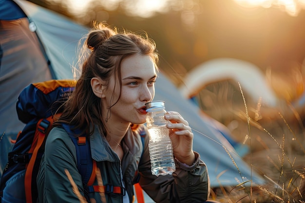 Photo young woman drinking water while camping