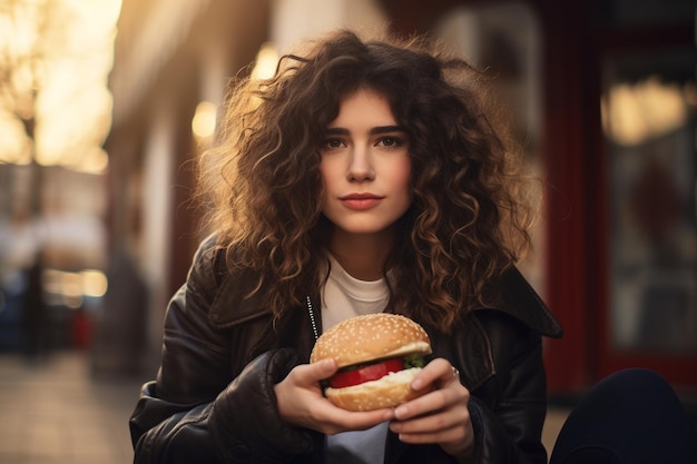 A young woman eating burger in street cafe close up