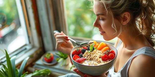 Photo a young woman eating a dish of oatmeal with fruits while sitting by the window with a beautiful scenery from window and space for textual use generative ai