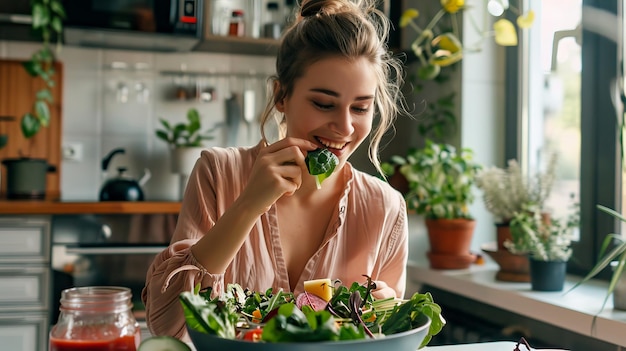 Photo young woman eating fresh salad in a cozy kitchen with natural light and green plants