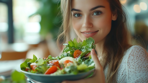 Photo young woman eating healthy salad at restuarant healthy lifestyle diet concept generative ai