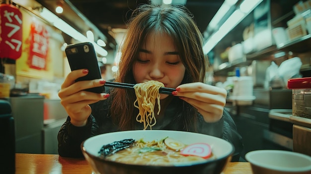 Photo young woman eating ramen and taking a selfie