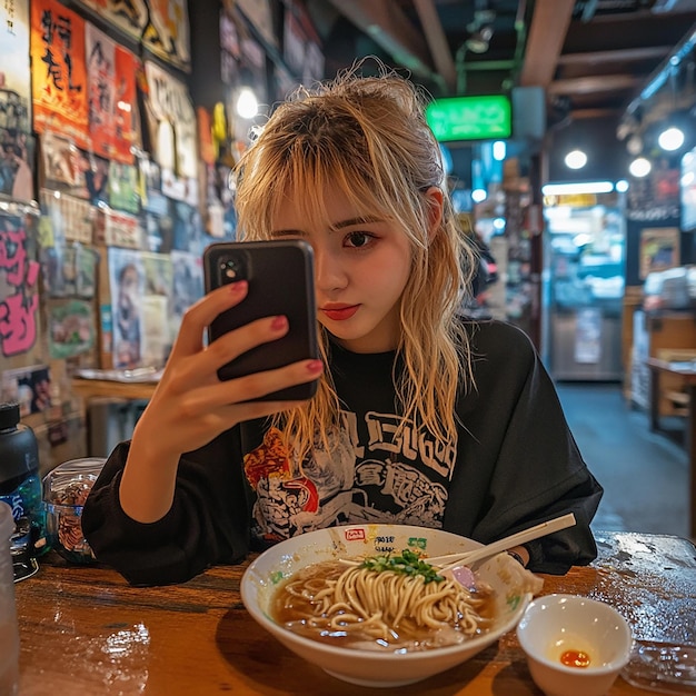 Photo young woman eating ramen and taking a selfie