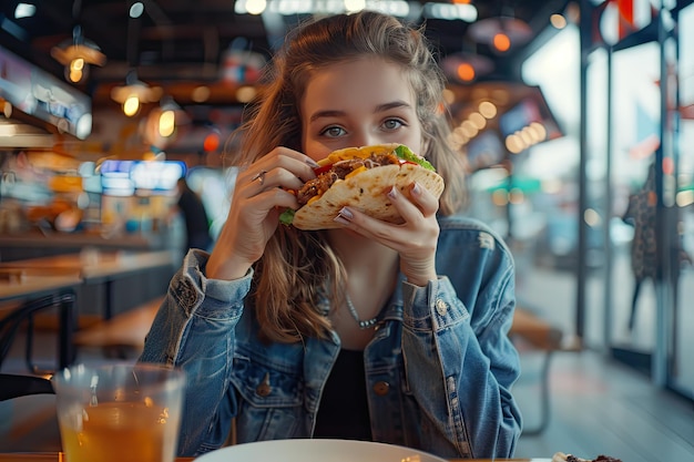 Young Woman Eating a Taco at a Food Court Enjoying the Delicious Flavors